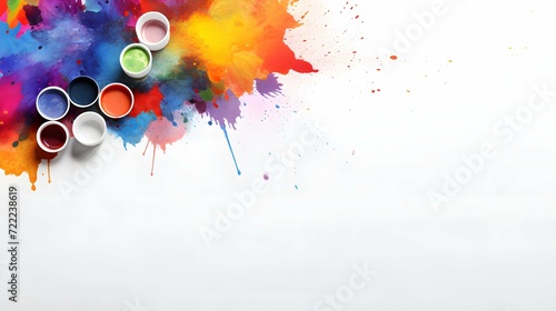 A colorful paint splatter background with paint buckets and copyspace - 16:9