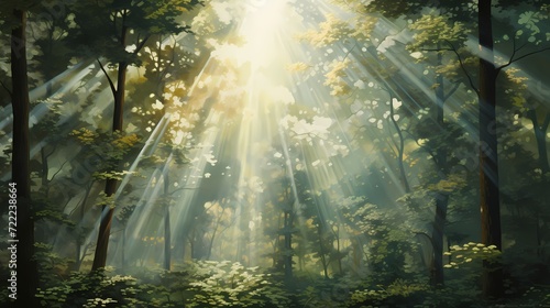 Abstract patterns created by sunbeams streaming through a dense forest canopy