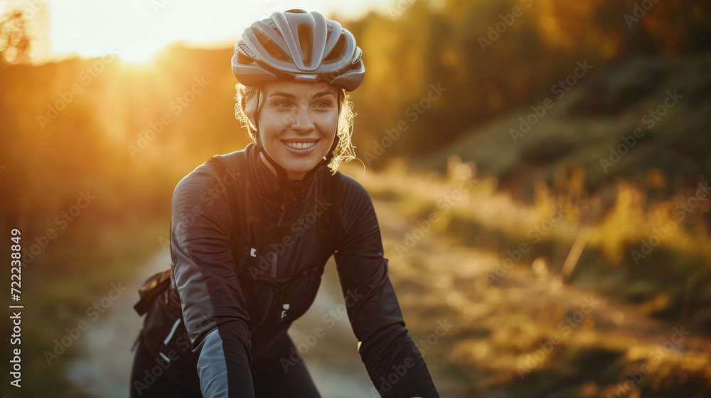 young woman wearing a cycling helmet and gear, smiling while riding a bike - obrazy, fototapety, plakaty 