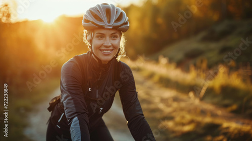 young woman wearing a cycling helmet and gear, smiling while riding a bike