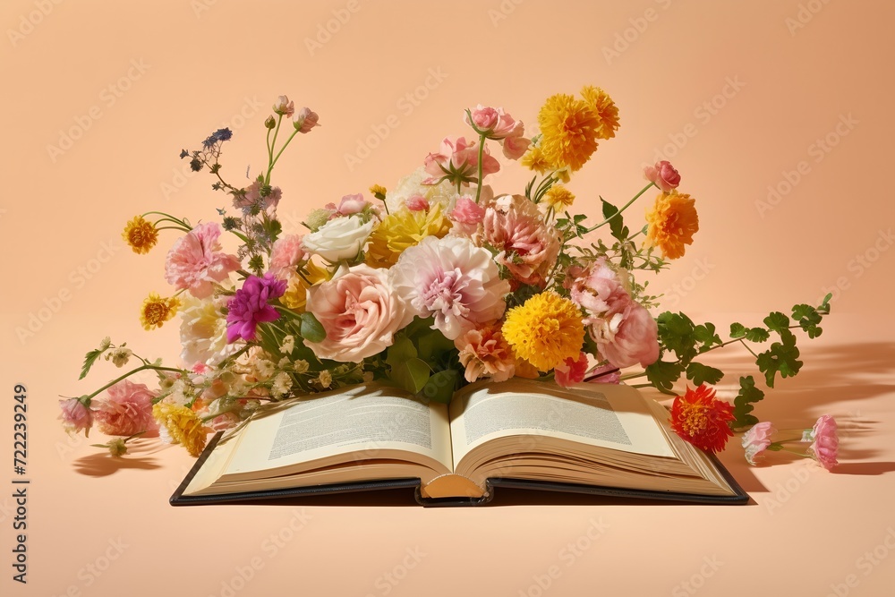 Open book with flowers growing out of it's pages, concept flourishing knowledge Open book with flowers growing out of it's pages, concept flourishing knowledge