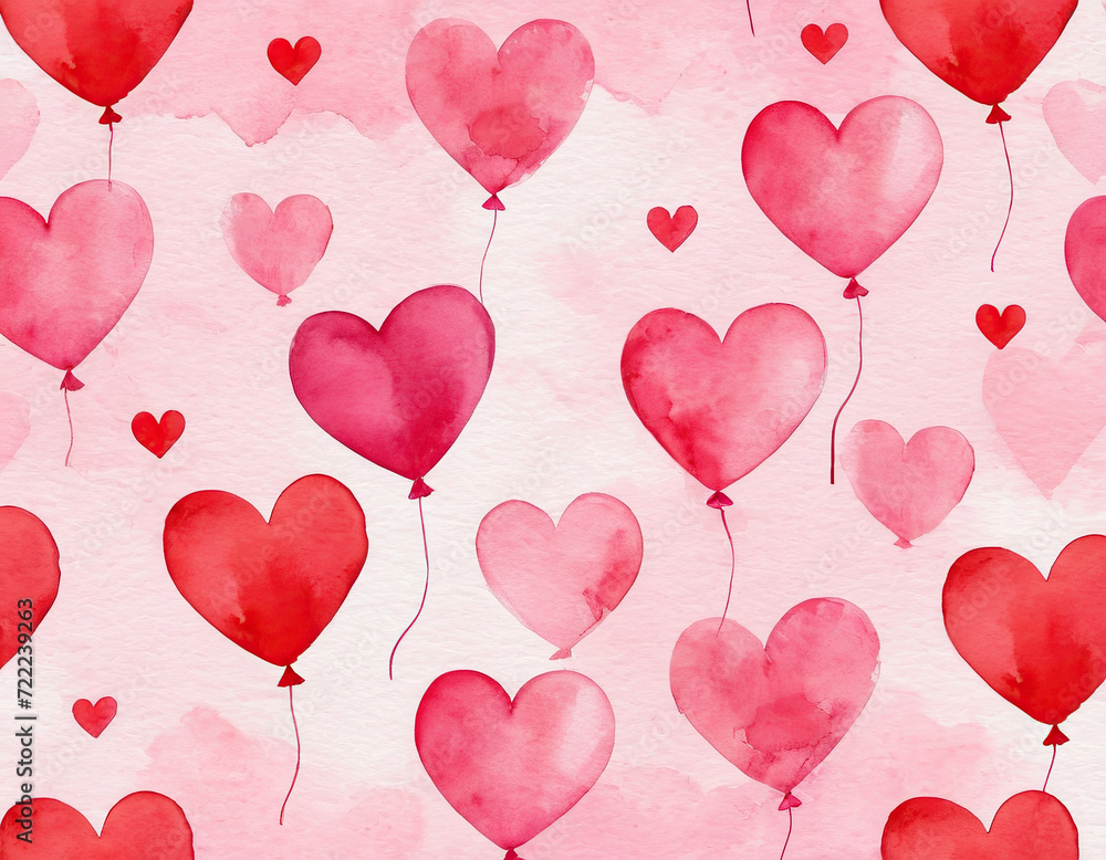watercolor drawing. Valentine's day background with red and pink hearts like balloons on pink background, flat lay