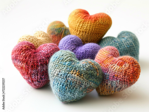 Colorful knitted hearts made of wool isolated on white background. Minimalist style. 