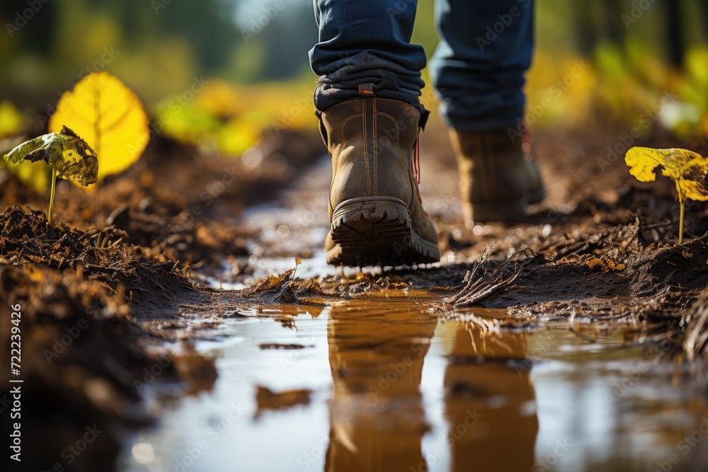 A rugged individual braves the elements, their jeans caked in mud as they stand amidst a sea of yellow flowers, showcasing their sturdy outdoor footwear while walking through a puddle on a nature pat A rugged individual braves the elements, their jeans caked in mud as they stand amidst a sea of yellow flowers, showcasing their sturdy outdoor footwear while walking through a puddle on a nature pat