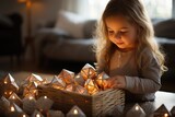 A curious toddler gazes at the delicate paper lanterns, her human face aglow with wonder as the flickering candles illuminate the room, surrounded by a sea of vibrant clothing