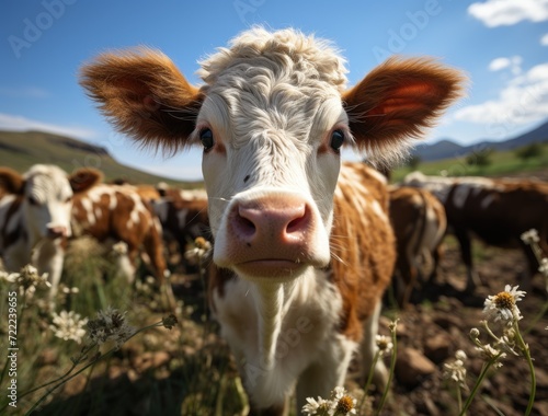 A peaceful bovine gazes into the endless sky while grazing in a lush green pasture  representing the beauty and serenity of life on a farm