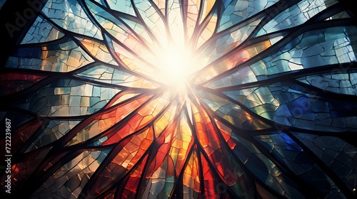 Abstract patterns created by sunlight streaming through a stained glass window