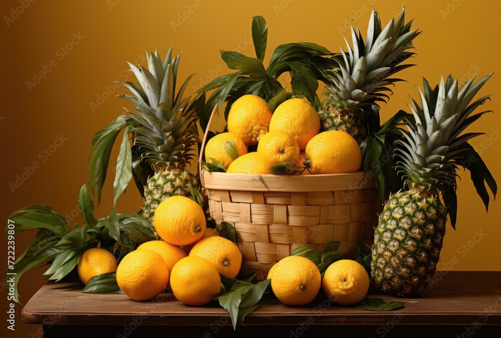 A vibrant display of nourishing and exotic fruits, bursting with tangy flavors and bursting with nutrients, arranged in a rustic basket against a bright white wall, showcasing the beauty and abundanc A vibrant display of nourishing and exotic fruits, bursting with tangy flavors and bursting with nutrients, arranged in a rustic basket against a bright white wall, showcasing the beauty and abundanc