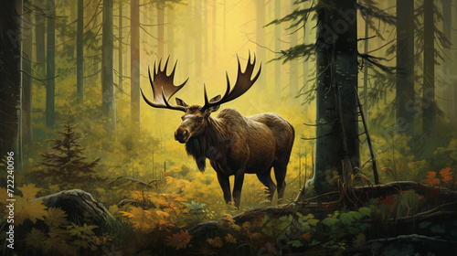 Illustration of an Moose (Alces alces) in a forest
