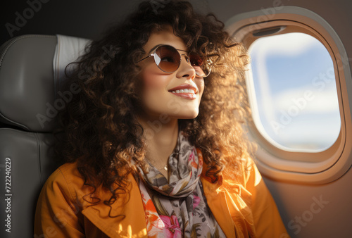 A stylish woman gazes wistfully through tinted shades as she watches the world fly by from her airplane window, her fashionable outfit complementing her confident demeanor © LifeMedia