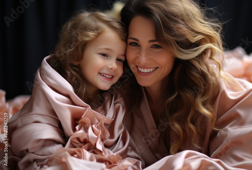 A beaming woman and her joyful child, their faces radiating pure happiness as they stand indoors, adorned in layers of vibrant fabric and showcasing a beautiful bond between mother and daughter photo