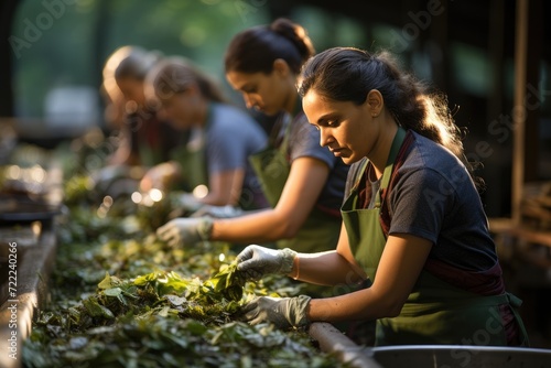 A diverse group of women, dressed in practical clothing, tend to the vibrant plants and nourishing vegetables in the sunny outdoor setting of their beloved plant nursery