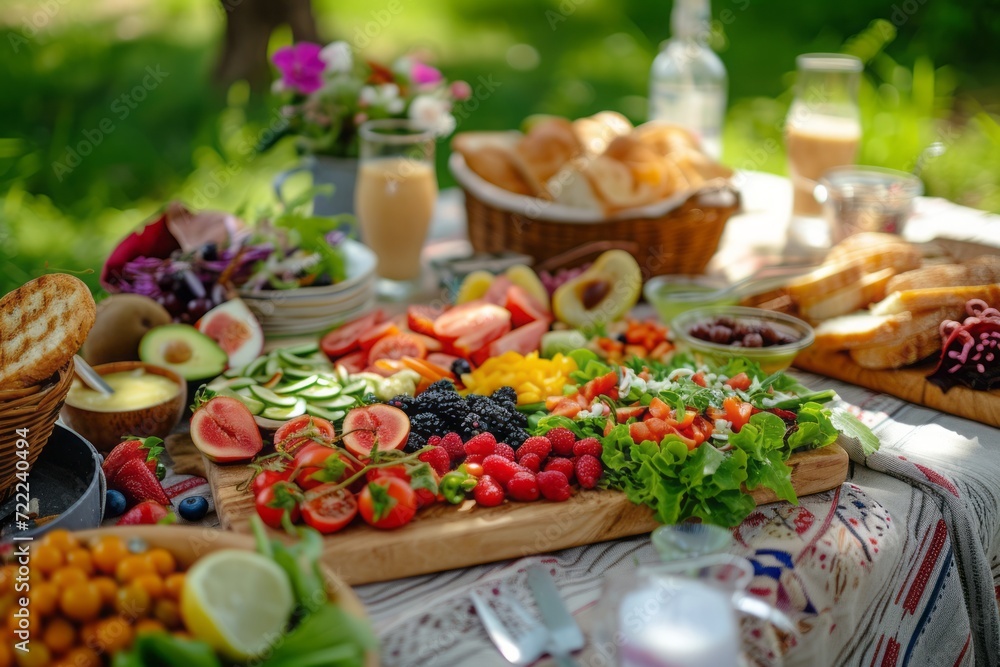 The wholesome delights of a vegan picnic, including close-ups of fresh fruits, salads and sandwiches