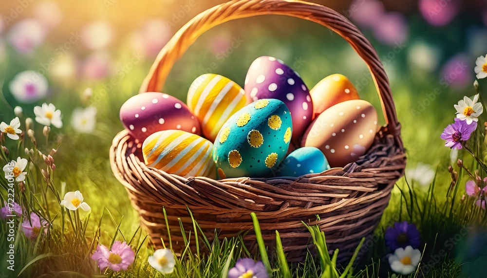 wicker basket with colorful Easter eggs suitable as a background or cover wicker basket with colorful Easter eggs suitable as a background or cover