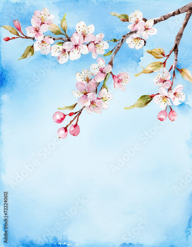 watercolor drawing. Spring banner with branches of blossoming cherry background with blue sky  landscape panorama  copy space.