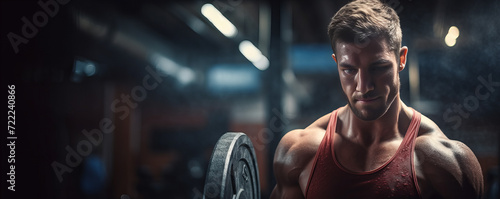 Focused Bodybuilder in Red Tank Top Gripping Barbell in Gym Setting, Showcasing Strength and Determination Amidst Blurred Workout Equipment and Moody Gymnasium Lighting - High-Resolution Image