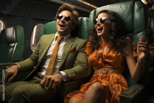 A fashionable couple sits side by side on a train, their smiles hidden behind sleek sunglasses as they journey through the city in their stylish clothing