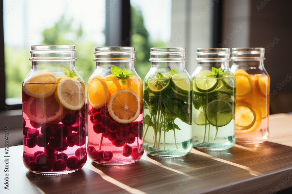 Vibrant slices of citrus and refreshing mint float in jars of homemade fruit syrup, ready to be enjoyed as a flavorful indoor soft drink or preserved food on the table