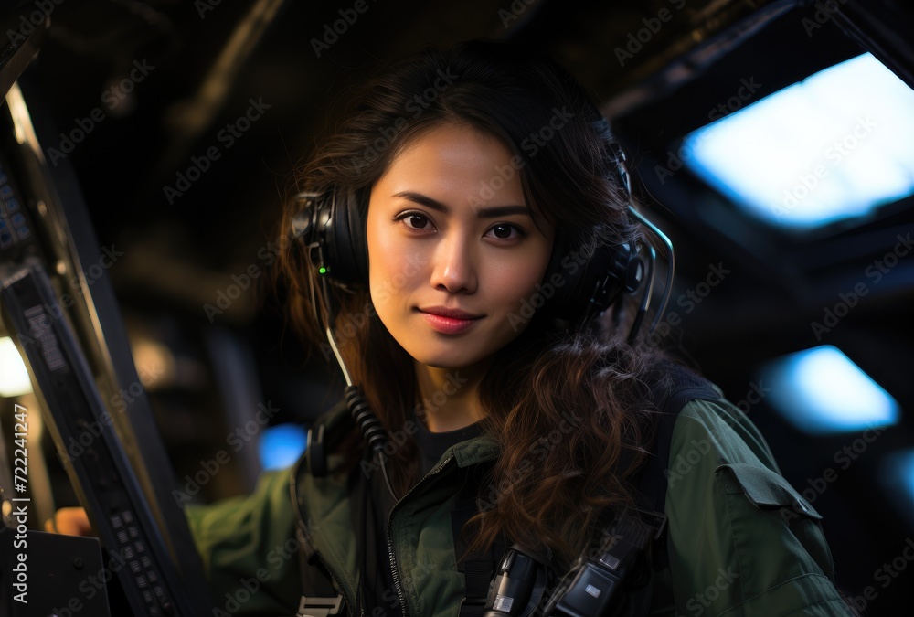 A stylish woman with long hair wearing headphones and a green jacket, captured in an indoor portrait, exuding confidence and individuality A stylish woman with long hair wearing headphones and a green jacket, captured in an indoor portrait, exuding confidence and individuality
