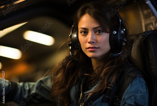 A stylish woman wearing headphones listens to music indoors, her face adorned with a determined expression and her jacket adding a touch of edginess to her look