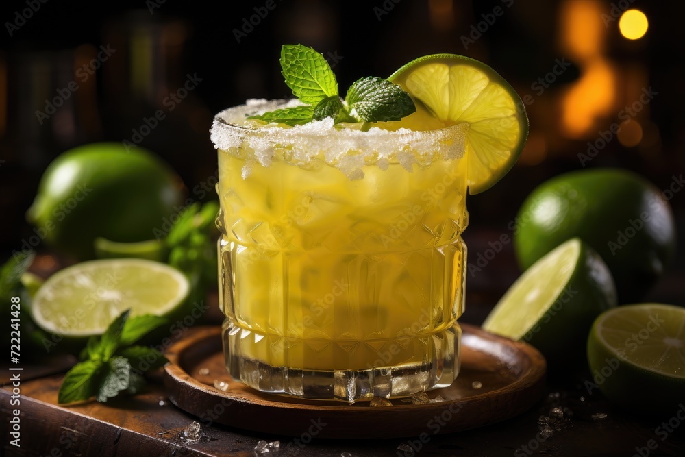 A refreshing citrus cocktail with a splash of lime and a hint of mint, served in a highball glass with ice and a lemon garnish, perfect for a hot summer day indoors A refreshing citrus cocktail with a splash of lime and a hint of mint, served in a highball glass with ice and a lemon garnish, perfect for a hot summer day indoors