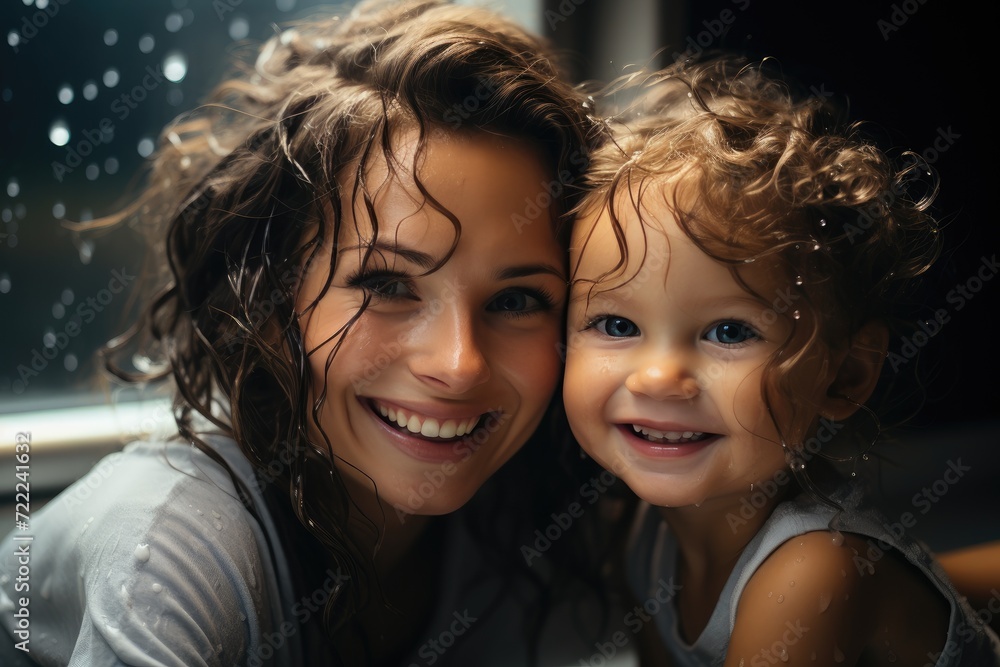 A joyful woman and child radiate happiness as they beam with wide smiles, their youthful faces adorned with colorful clothing and rosy cheeks, exuding pure joy and warmth in this heartwarming portrai A joyful woman and child radiate happiness as they beam with wide smiles, their youthful faces adorned with colorful clothing and rosy cheeks, exuding pure joy and warmth in this heartwarming portrai