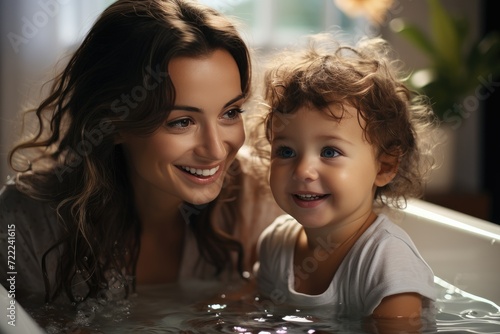 A joyful mother and her toddler son splash in the warm water of their indoor bathtub, surrounded by colorful clothing and a bright smile on the child's face, as the young girl watches from the wall w