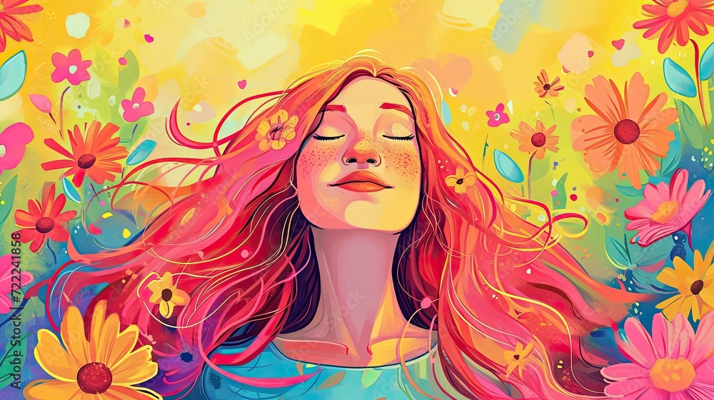 Beautiful girl with flowers and butterflies on colorful background Beautiful girl with flowers and butterflies on colorful background