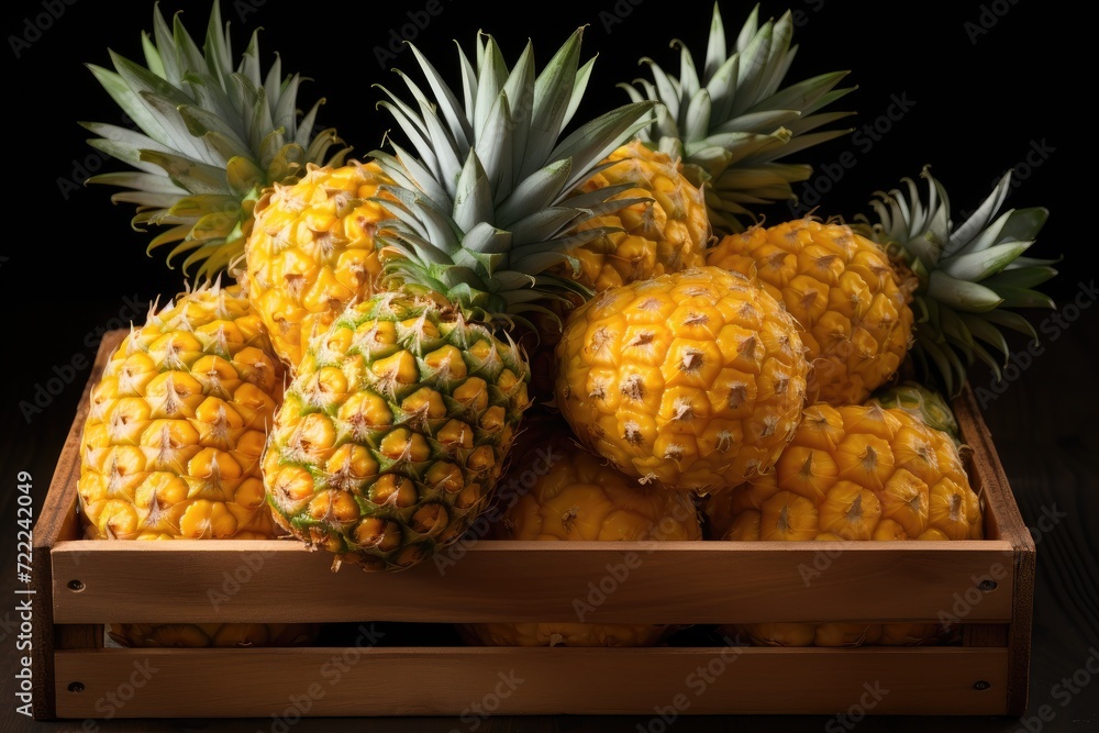 An arrangement of vibrant pineapples nestled in a rustic wooden crate, showcasing the beauty and health benefits of locally sourced, whole food options for a nourishing and sustainable lifestyle An arrangement of vibrant pineapples nestled in a rustic wooden crate, showcasing the beauty and health benefits of locally sourced, whole food options for a nourishing and sustainable lifestyle