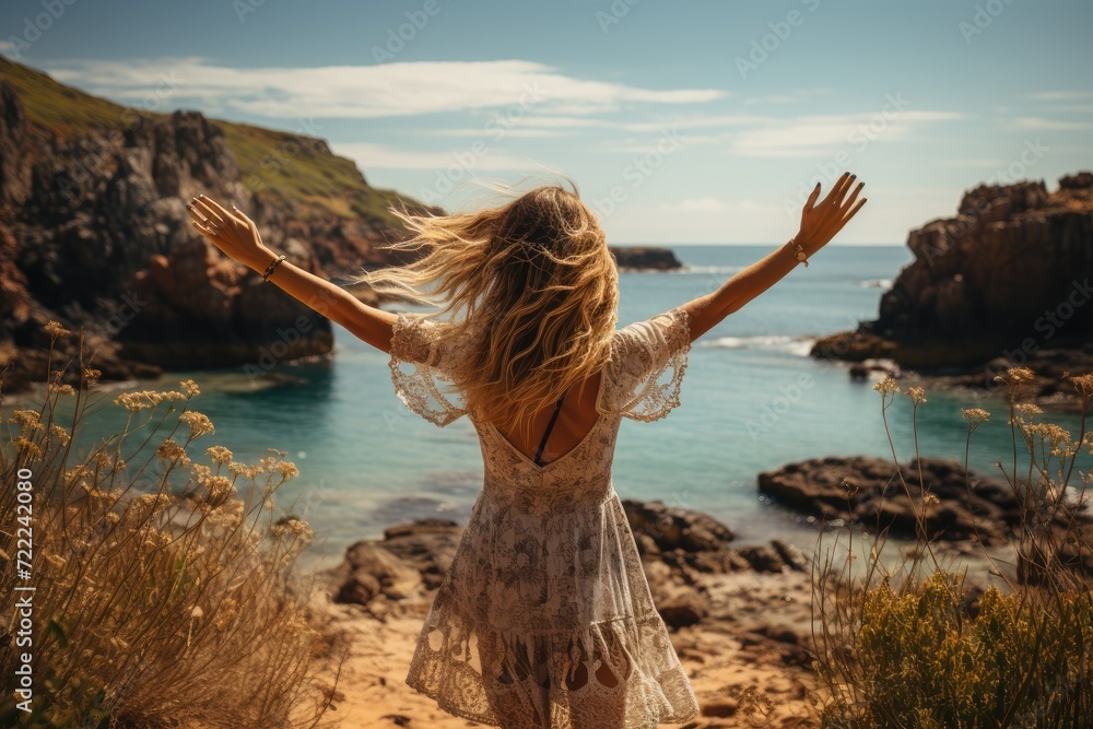 A serene woman embraces the beauty of nature as she stands on a rocky beach, her arms raised to the sky above, surrounded by the tranquil waters of the lake and the towering clouds above