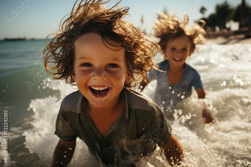 Joyful youngsters splash and giggle on a sunny beach, their happy faces adorned with bright swimsuits as they frolic in the refreshing water photo