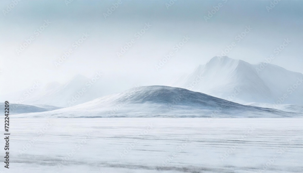 Minimalist snowy landscape with subtle undulations and distant mountains shrouded in mist