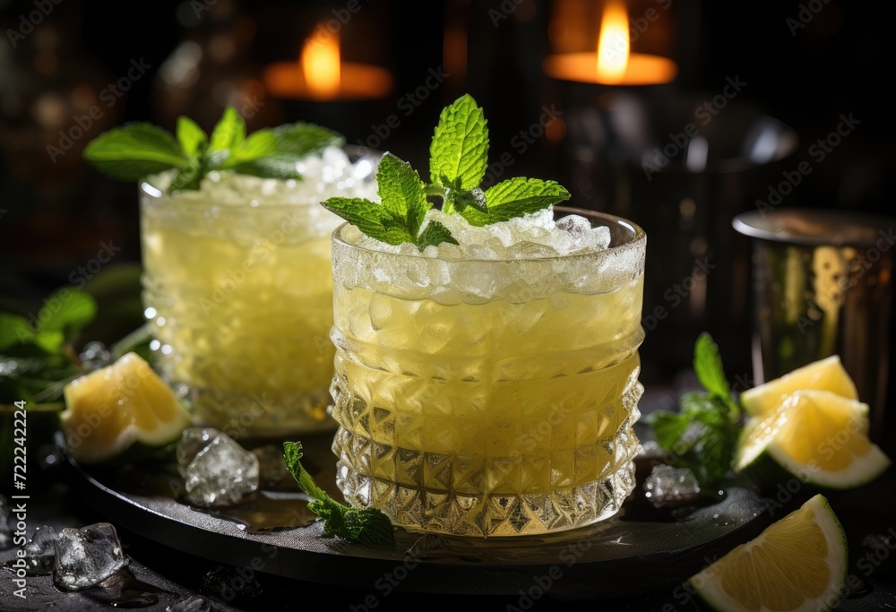 A refreshing twist on classic cocktails, a pair of glasses with ice and mint leaves sit atop a table adorned with candles, showcasing the vibrant citrus flavors of a tom collins, mint julep, and moji A refreshing twist on classic cocktails, a pair of glasses with ice and mint leaves sit atop a table adorned with candles, showcasing the vibrant citrus flavors of a tom collins, mint julep, and moji