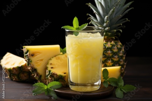 A refreshing glass of pineapple juice sits beside vibrant slices of the tropical fruit, evoking feelings of sunny days and the tangy sweetness of citrus in an indoor oasis