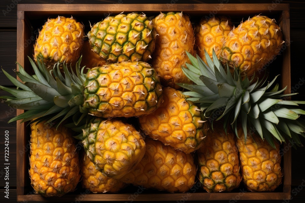 A vibrant display of tropical goodness awaits as a box of succulent pineapples bursts with natural, plant-based nutrition perfect for a refreshing and wholesome vegan or vegetarian diet A vibrant display of tropical goodness awaits as a box of succulent pineapples bursts with natural, plant-based nutrition perfect for a refreshing and wholesome vegan or vegetarian diet