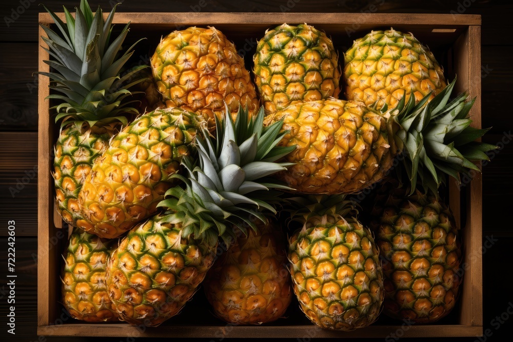 A rustic crate filled with vibrant pineapples, a reminder of the bountiful beauty and nourishment found in nature's most delicious and versatile fruits A rustic crate filled with vibrant pineapples, a reminder of the bountiful beauty and nourishment found in nature's most delicious and versatile fruits