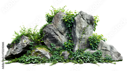 Large rocks with overgrown foliage and moss, plants and foliage around, green nature, isolated on transparent background