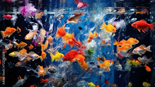 Abstract patterns created by the movement of colorful fish in a crystal-clear aquarium