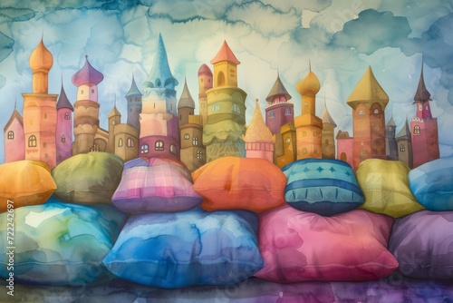An artistic representation of a fantastical pillow city where colorful cushions morph into delightful buildings. The style is a blend of vibrant watercolors  creating a dreamlike environment