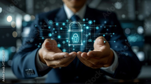 A man wearing suit hand guesture holding lock, illustration of technology of cyber security, tech banner background. photo