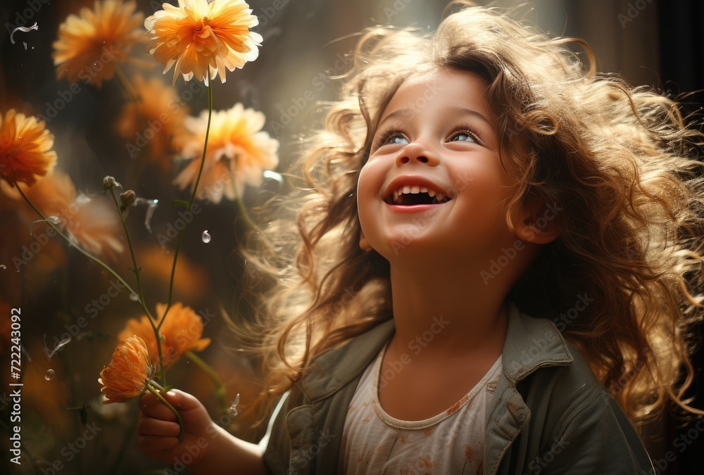 A joyful young girl, with a radiant smile and tousled hair, holds a delicate flower in an outdoor portrait, embodying the innocence and beauty of childhood