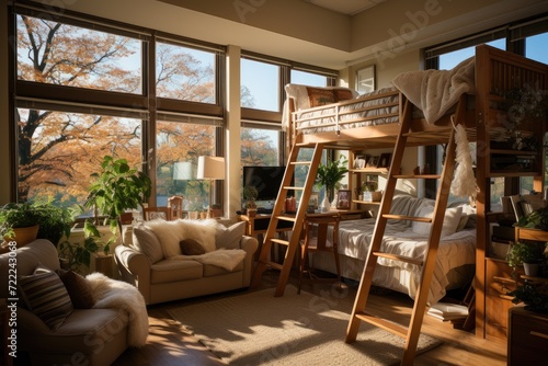 A cozy and versatile living room featuring a stylish studio couch, bunk beds, and a comfortable sofa bed, all set against a modern interior design with large windows, high ceilings, and unique furnit photo