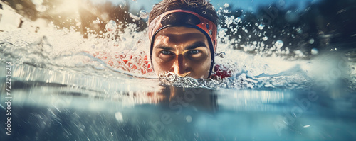 Dynamic Swimmer in Action: Intense Focus and Determination Captured in Close-Up, Featuring Water Splashes and Swim Gear in a Clear Pool - Perfect for Sports and Fitness Themes photo