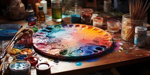 An artist's palette covered in mixed paints and surrounded by brushes