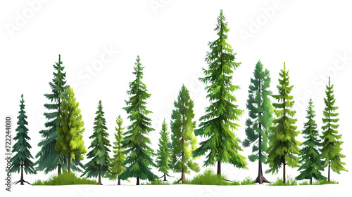 Green evergreen fir pine spruce trees treeline isolated on transparent background © MDNANNU