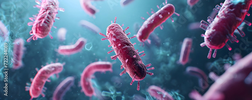 Close up banner of floating bacteria  microbes   virus cells on blurred blue background with copy space. Abstract 3d render of covid  flu  infection disease.   oncept for hospitals  clinics  medicine.