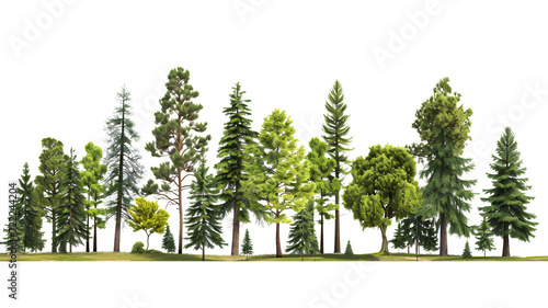 Green evergreen fir pine spruce trees treeline isolated on transparent background