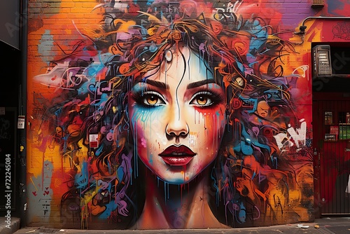 Vibrant graffiti of a woman s face with a chaotic swirl of colors on a brick wall