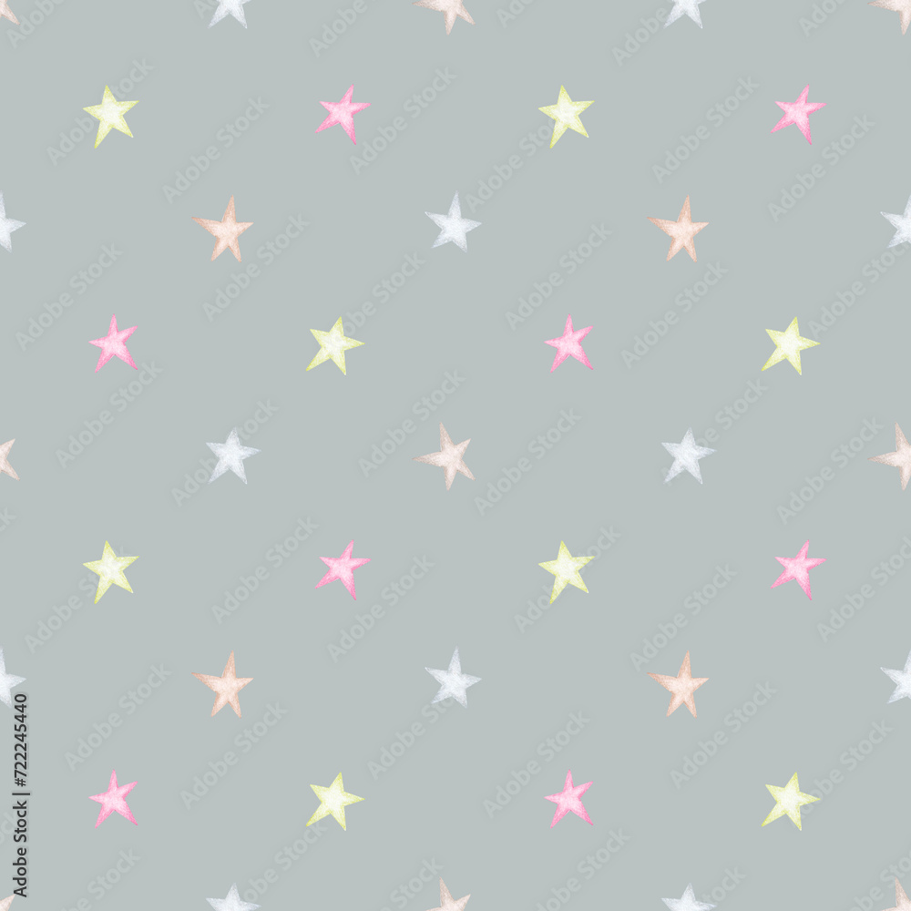 Delicate stars on a gray background. Seamless watercolor pattern. Children's party, baby shower, birthday. Design for wallpaper, cards, wrapping paper, stationery.. Delicate stars on a gray background. Seamless watercolor pattern. Children's party, baby shower, birthday. Design for wallpaper, cards, wrapping paper, stationery..
