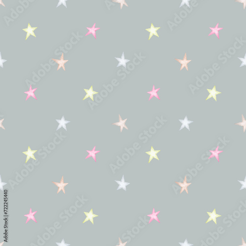 Delicate stars on a gray background. Seamless watercolor pattern. Children's party, baby shower, birthday. Design for wallpaper, cards, wrapping paper, stationery..